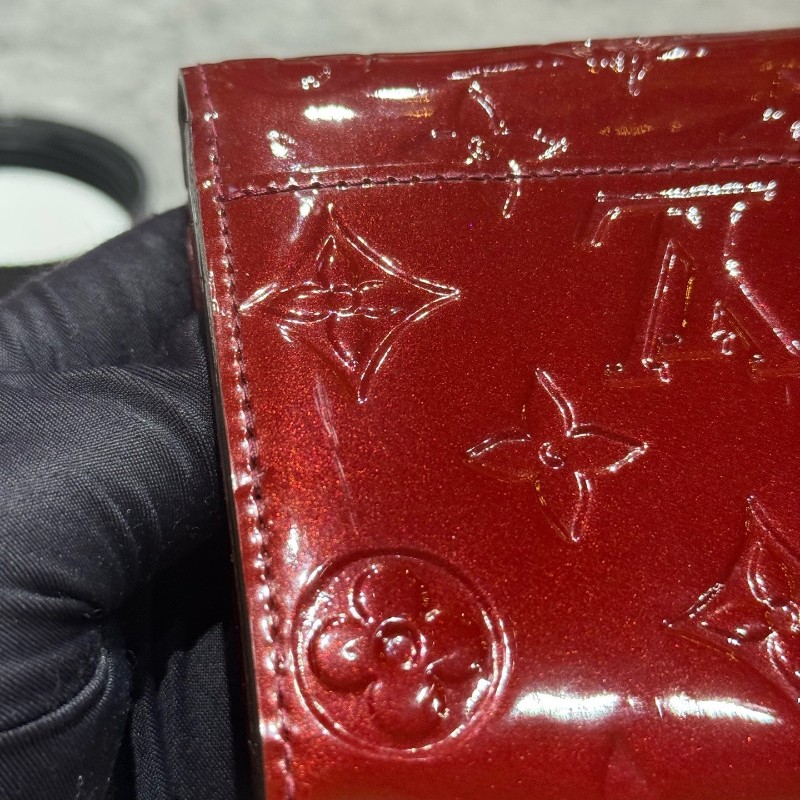 LV 漆皮壓紋 金扣暗紅色 長夾 銀包 錢包-9