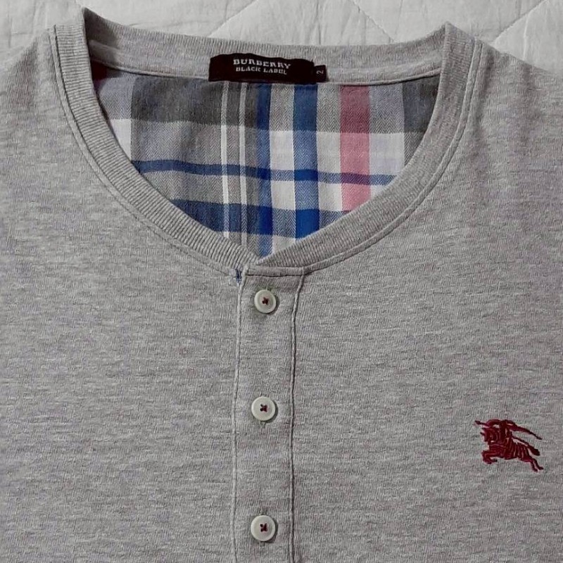 (日本製MIJ)BURBERRY 博柏利 BLACK LABEL 黑標 戰馬 男灰色亨利領長袖上衣2號-2