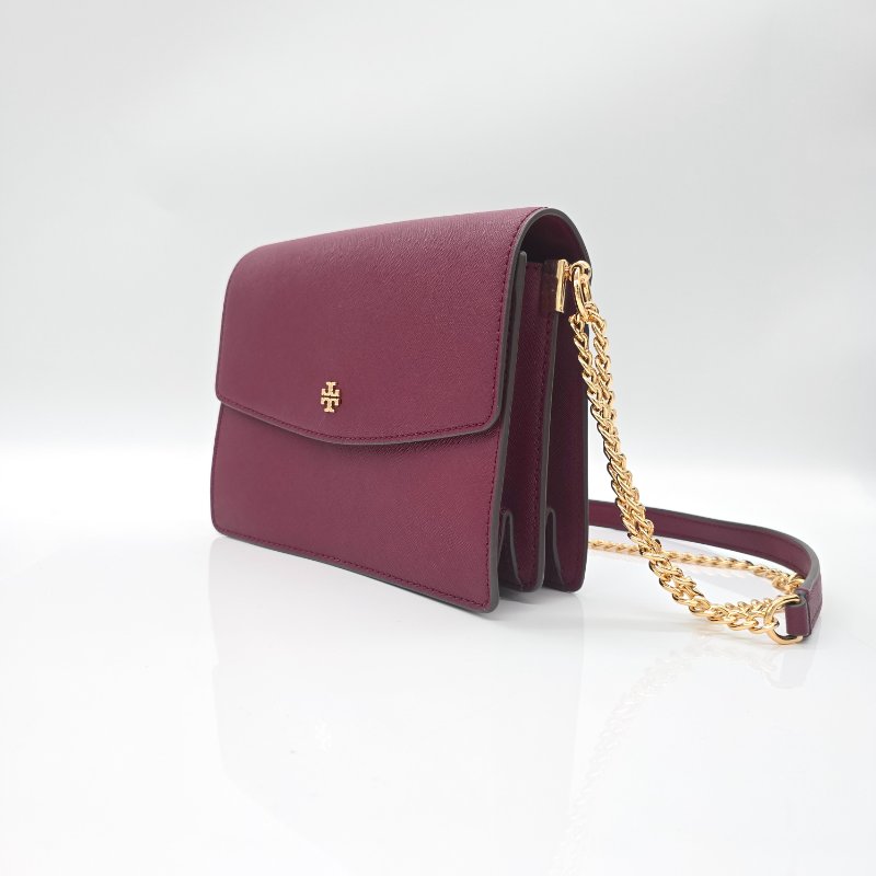 （超～新❤️閒置品）TORY BURCH  雙T LOGO 莓果酒紅 防刮牛皮 雙層翻蓋 風琴包 肩背包 斜背包 鏈條包-1