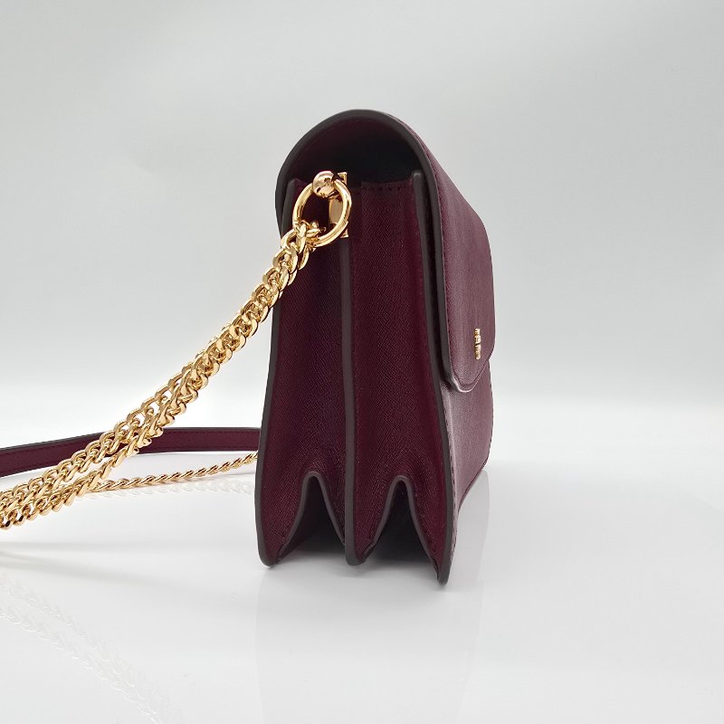 （超～新❤️閒置品）TORY BURCH  雙T LOGO 莓果酒紅 防刮牛皮 雙層翻蓋 風琴包 肩背包 斜背包 鏈條包-4