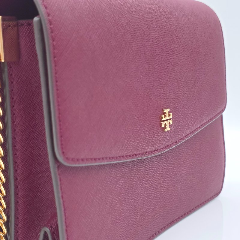 （超～新❤️閒置品）TORY BURCH  雙T LOGO 莓果酒紅 防刮牛皮 雙層翻蓋 風琴包 肩背包 斜背包 鏈條包-5