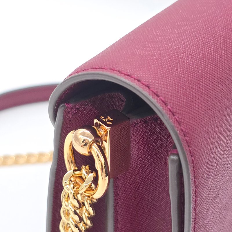 （超～新❤️閒置品）TORY BURCH  雙T LOGO 莓果酒紅 防刮牛皮 雙層翻蓋 風琴包 肩背包 斜背包 鏈條包-6