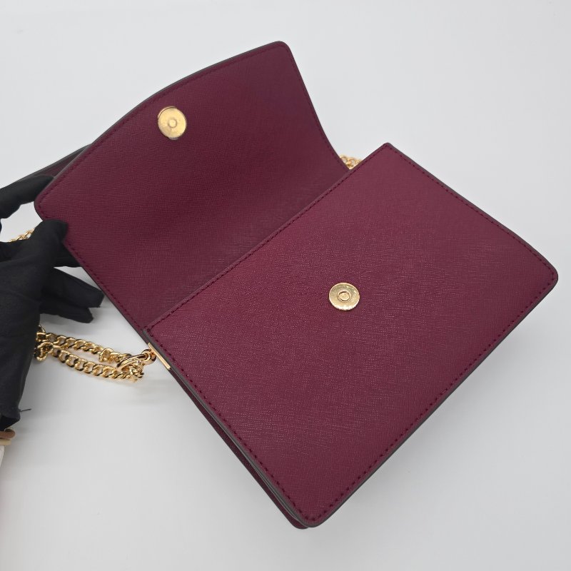 （超～新❤️閒置品）TORY BURCH  雙T LOGO 莓果酒紅 防刮牛皮 雙層翻蓋 風琴包 肩背包 斜背包 鏈條包-7