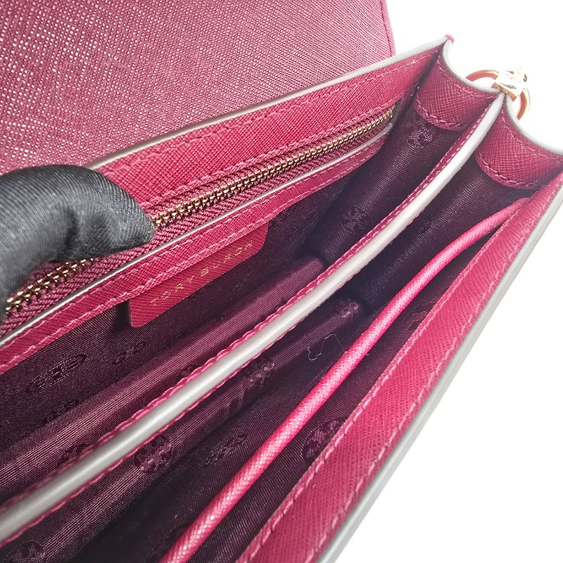 （超～新❤️閒置品）TORY BURCH  雙T LOGO 莓果酒紅 防刮牛皮 雙層翻蓋 風琴包 肩背包 斜背包 鏈條包-9