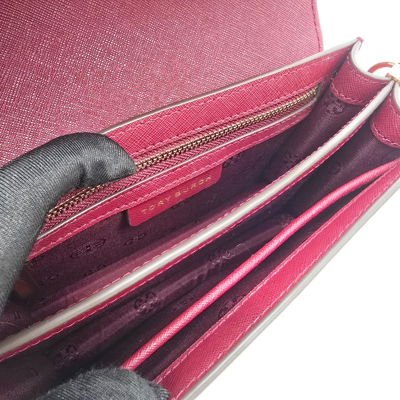 （超～新❤️閒置品）TORY BURCH  雙T LOGO 莓果酒紅 防刮牛皮 雙層翻蓋 風琴包 肩背包 斜背包 鏈條包-10