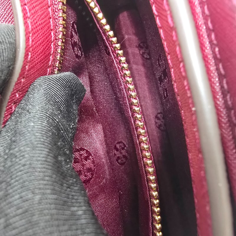 （超～新❤️閒置品）TORY BURCH  雙T LOGO 莓果酒紅 防刮牛皮 雙層翻蓋 風琴包 肩背包 斜背包 鏈條包-11