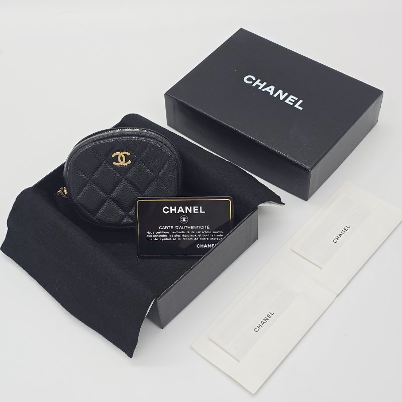 CHANEL 香奈兒 荔枝皮 黑色 牛皮 金色Logo 圓餅 零錢包｜🈶️保卡、盒子、毛氈-8