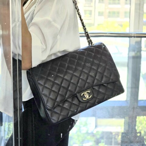 （專櫃41 萬♥️小編精選）CHANEL 香奈兒 經典口蓋 荔枝牛皮 Maxi 33cm 鏈條包｜🈶️配件齊全｜男生也可以的超霸氣尺寸｜