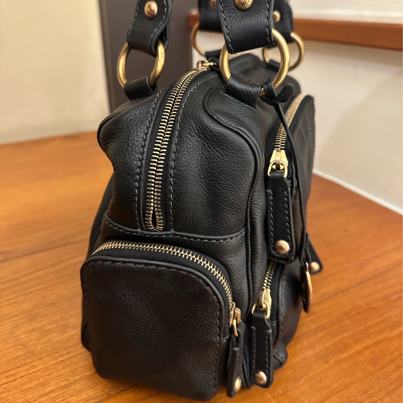 TODS 黑皮革前三口袋手提包-2
