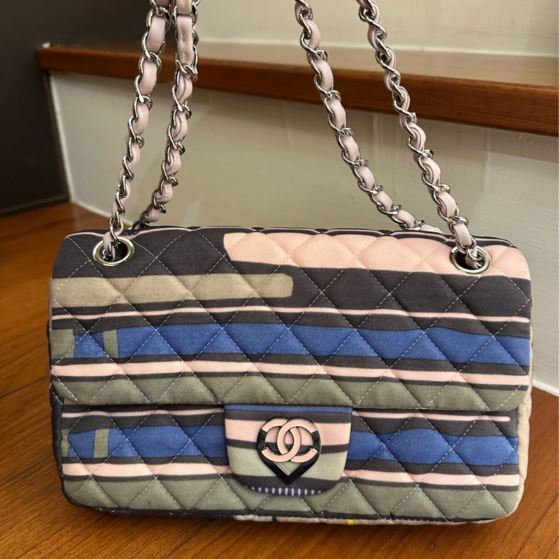 CHANEL 拼色布面粉雙C口蓋鏈包 最划算絕版品-0