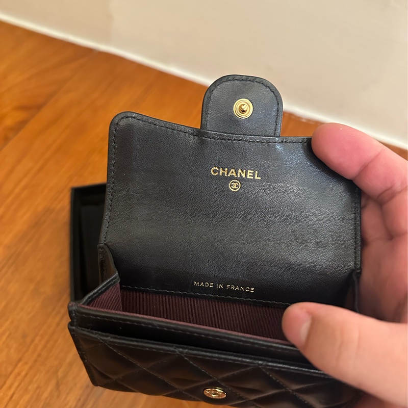 CHANEl 黑羊皮菱格金雙C釦式卡片零錢包-11