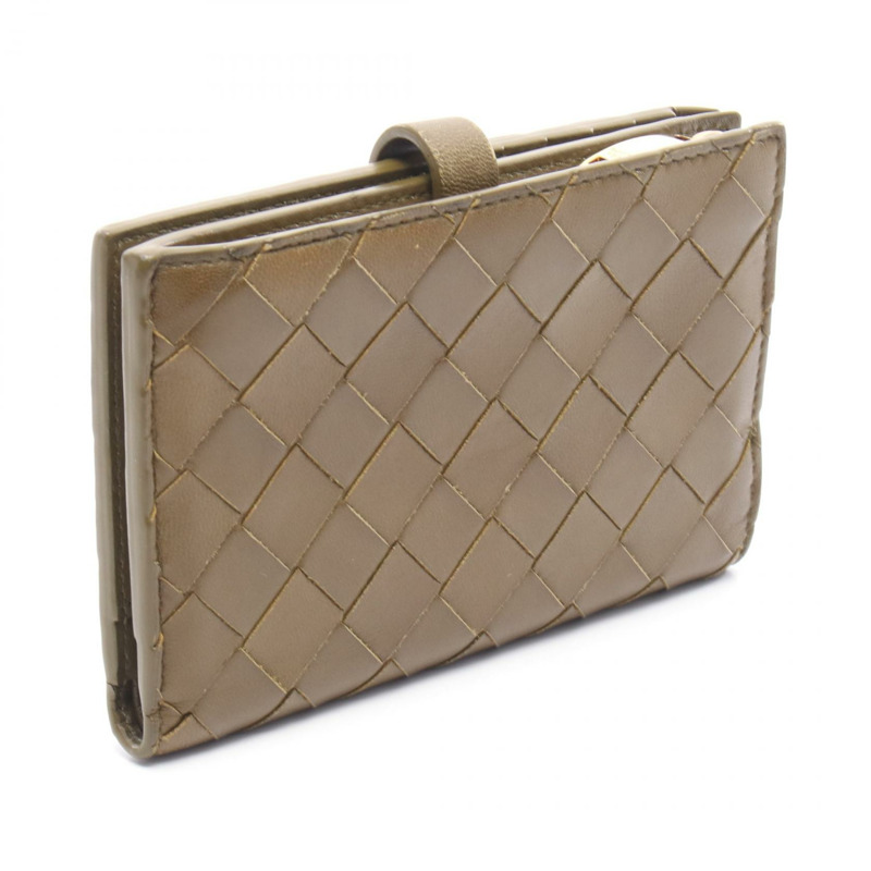 BOTTEGA VENETA Intrecciato 雙折皮夾 皮革 卡其色 二手女式-1