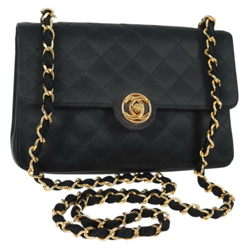 【日本直送】香奈兒 (CHANEL) 絎縫鏈條單肩包 緞面黑金色 CC 正品 134220-0