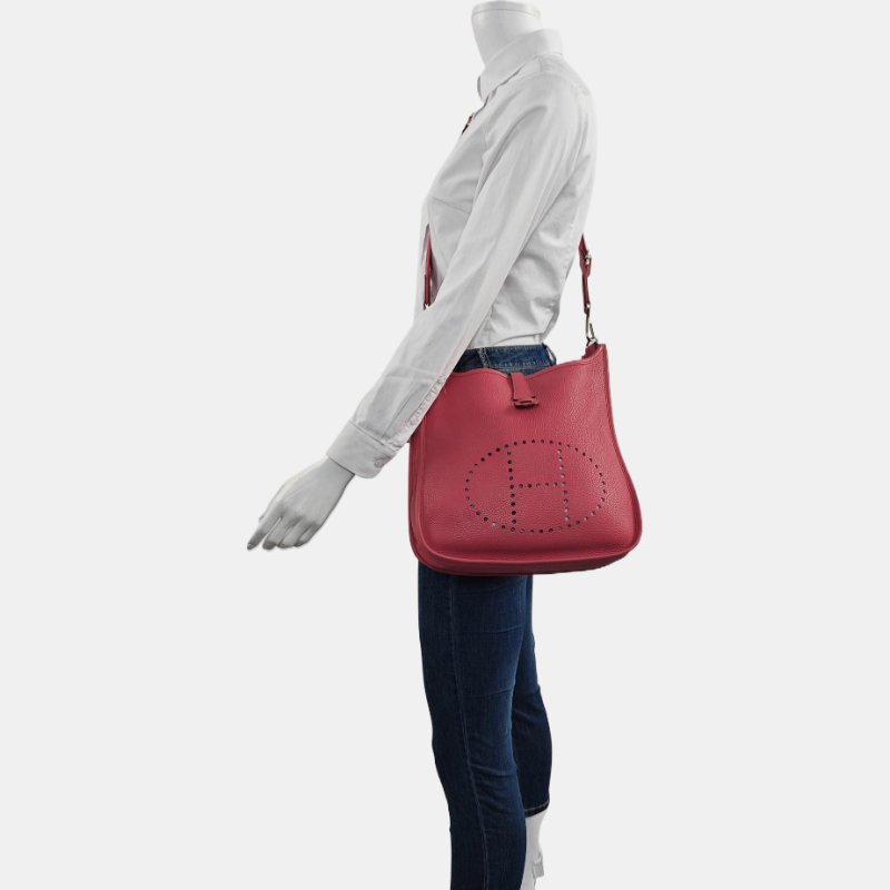 HERMÈS Evelyne PM芍藥紅Clemence牛皮鏤空伊芙琳單肩包斜挎包手拿包 銀色五金 框N刻-1
