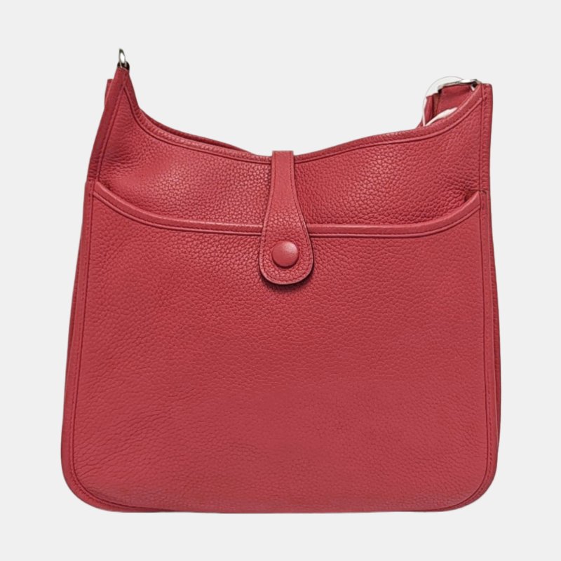 HERMÈS Evelyne PM芍藥紅Clemence牛皮鏤空伊芙琳單肩包斜挎包手拿包 銀色五金 框N刻-4