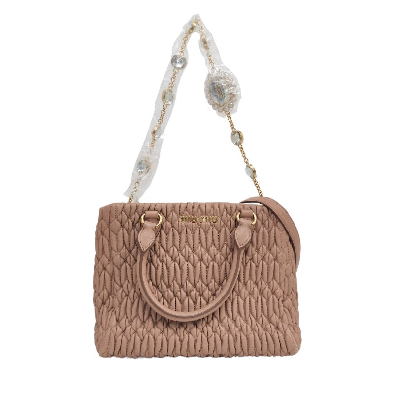Miu Miu Crystal裸粉色羊皮縫線斜挎包手提包單肩包 銀色五金 2條可拆卸肩帶-0