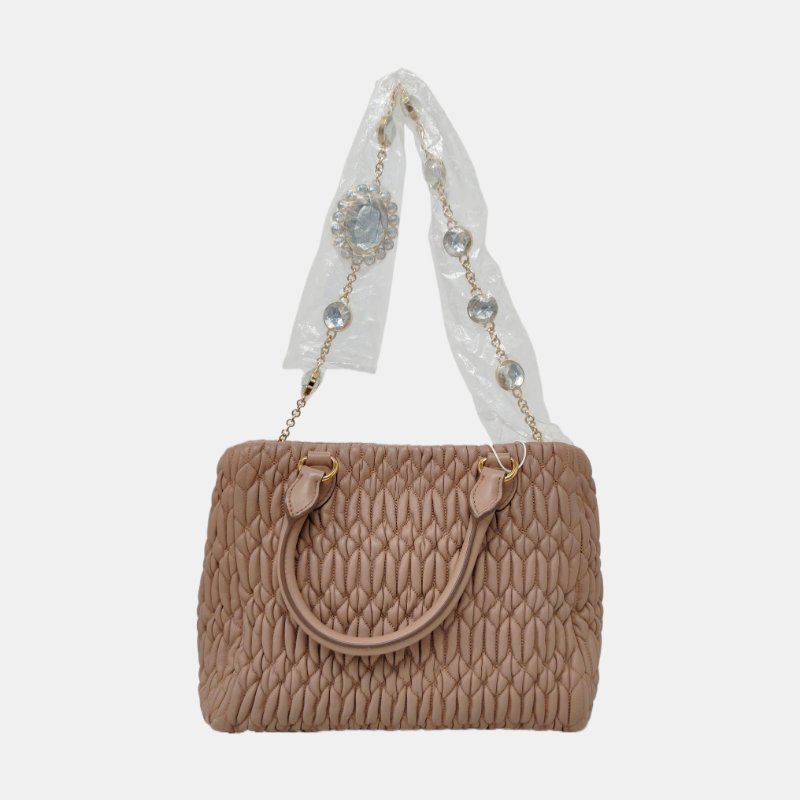 Miu Miu Crystal裸粉色羊皮縫線斜挎包手提包單肩包 銀色五金 2條可拆卸肩帶-4