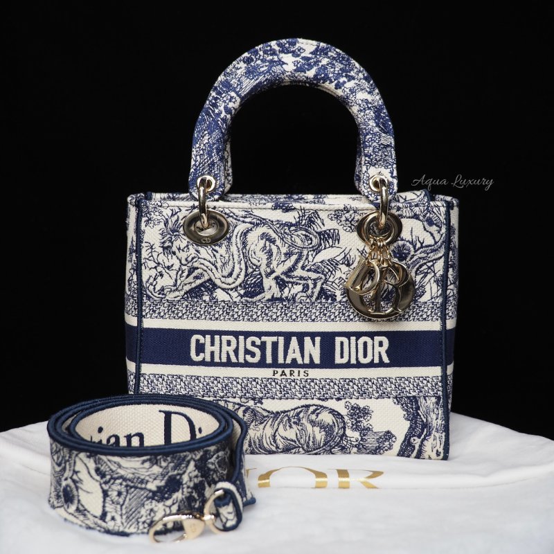 二手 LADY DIOR D-Lite 藍色刺繡 中Size-0