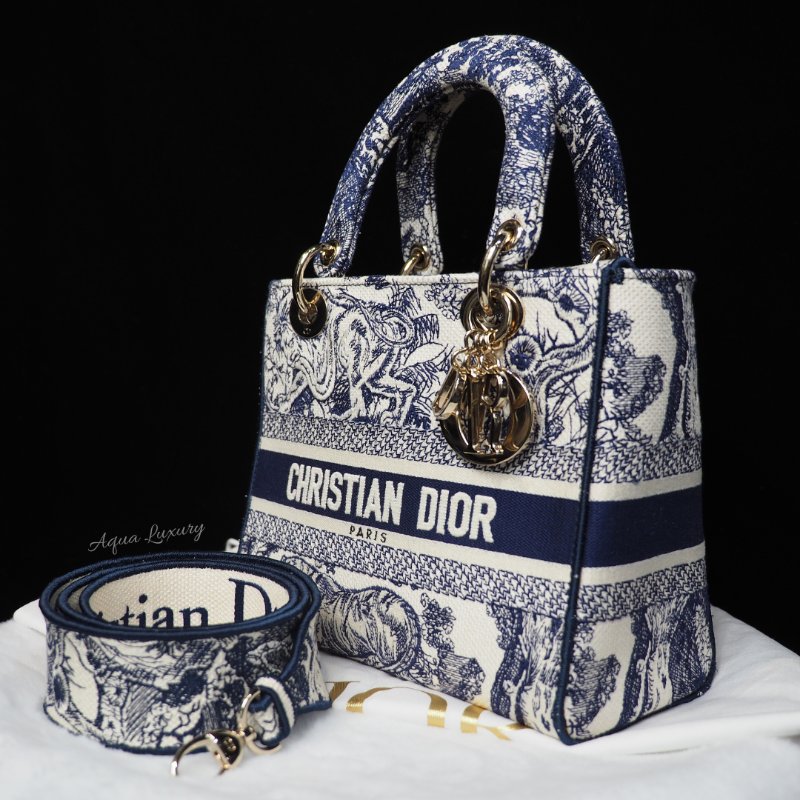 二手 LADY DIOR D-Lite 藍色刺繡 中Size-2
