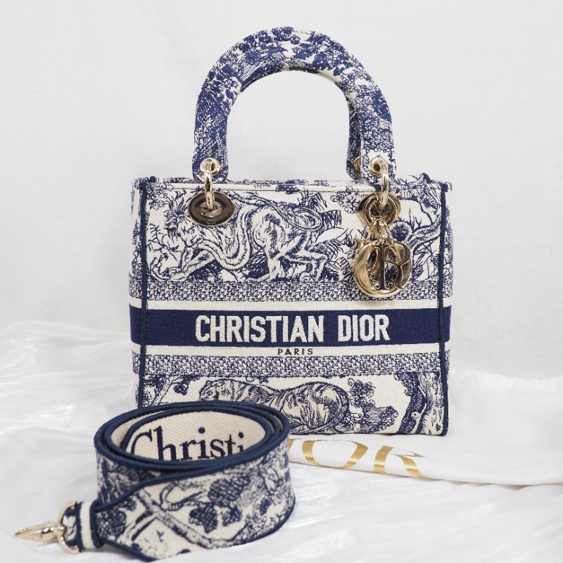 二手 LADY DIOR D-Lite 藍色刺繡 中Size-4