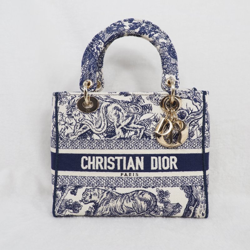 二手 LADY DIOR D-Lite 藍色刺繡 中Size-5