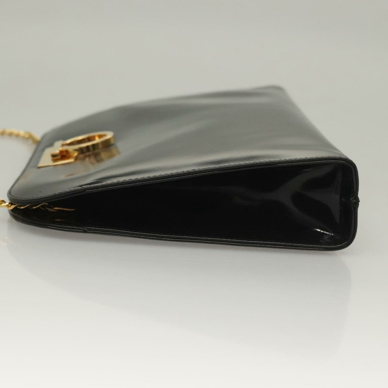 【日本直送】Salvatore Ferragamo 鏈條 Gancini 包 漆皮 黑色 金色 Auth 136191-4