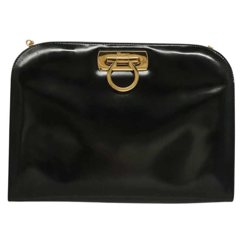 【日本直送】Salvatore Ferragamo 鏈條 Gancini 包 漆皮 黑色 金色 Auth 136191-12