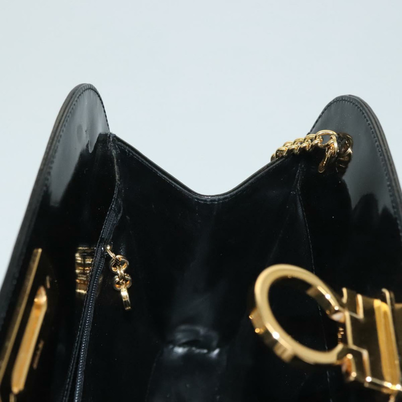 【日本直送】Salvatore Ferragamo 鏈條 Gancini 包 漆皮 黑色 金色 Auth 136191-18