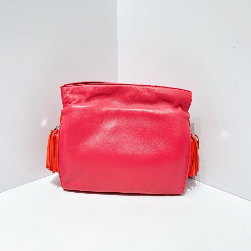 Loewe 玫紅拼番茄紅色 小羊皮 流蘇福袋 包身柔軟輕便 大容量肩背包斜背包-2