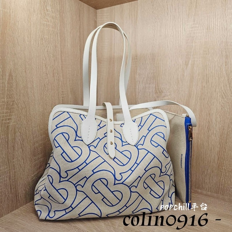 Burberry 米白帆布藍TB Logo手提肩背拖特包-0