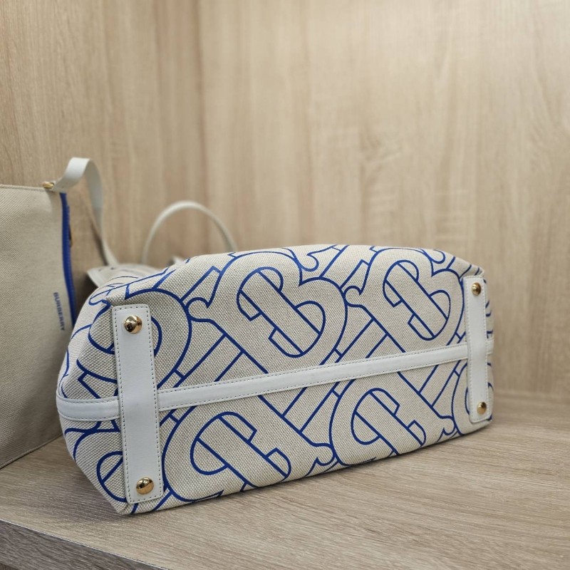 Burberry 米白帆布藍TB Logo手提肩背拖特包-4