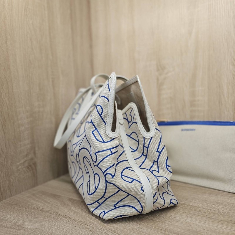 Burberry 米白帆布藍TB Logo手提肩背拖特包-7