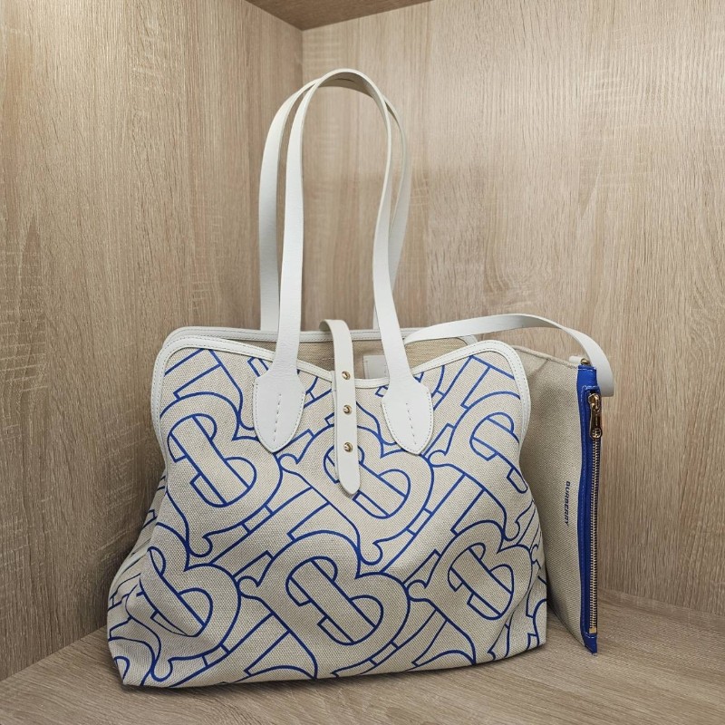 Burberry 米白帆布藍TB Logo手提肩背拖特包-9