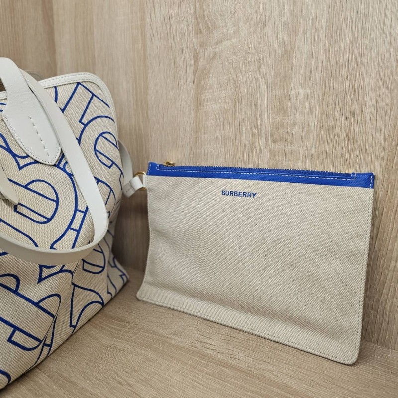 Burberry 米白帆布藍TB Logo手提肩背拖特包-12