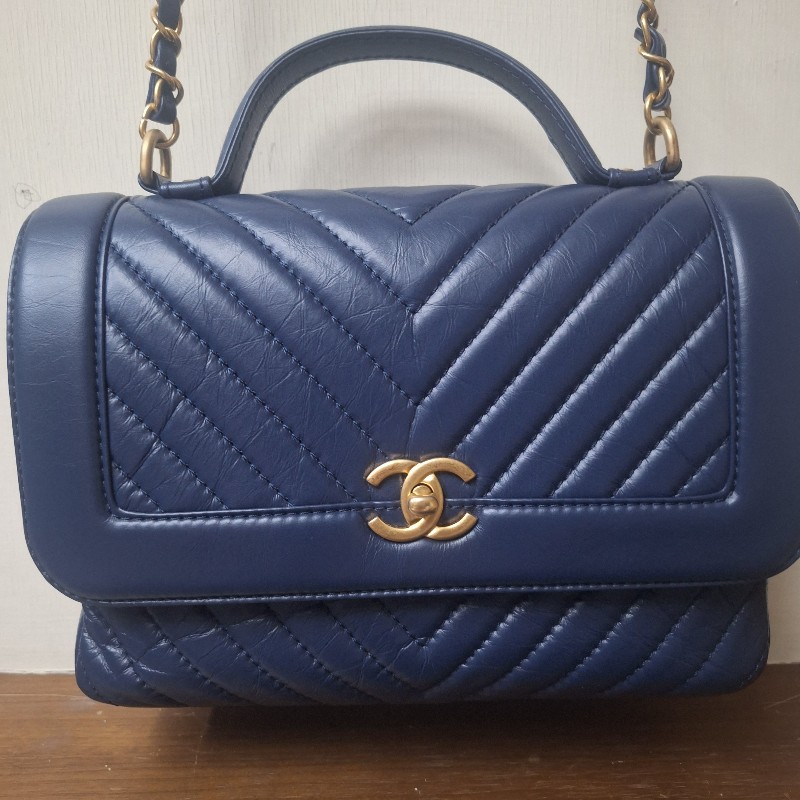 【近全新正品】CHANEL Coco Handle 小羊皮/荔枝皮藍金 小型 24cm 附卡有序號-0