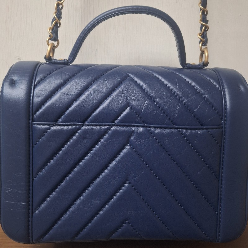 【近全新正品】CHANEL Coco Handle 小羊皮/荔枝皮藍金 小型 24cm 附卡有序號-1