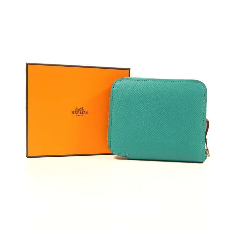 HERMES Epsom皮革Silk In Compact Wallet銀扣錢包Bleu Paon-14