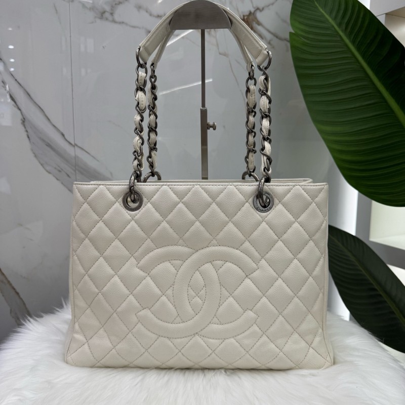 Chanel香奈兒米白色荔枝牛皮GST托特tote肩背包 13開-0