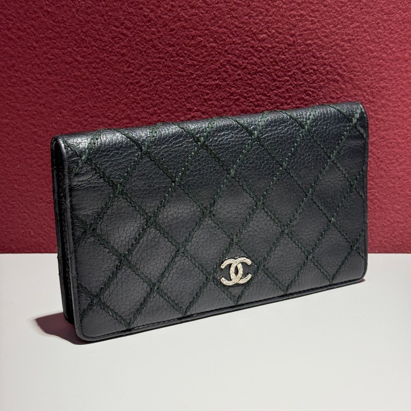 Chanel 外縫線黑色長夾銀包-1