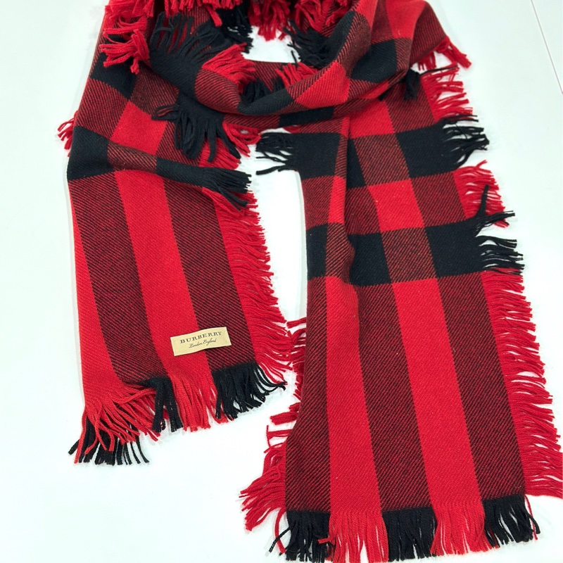 BURBERRY 紅色 格紋 抽鬚 羊毛 圍巾 披肩 披巾-15