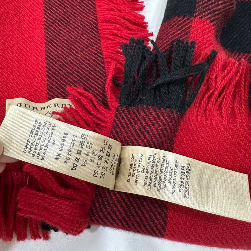 BURBERRY 紅色 格紋 抽鬚 羊毛 圍巾 披肩 披巾-17