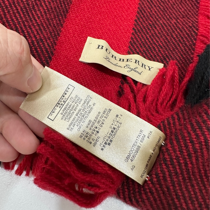 BURBERRY 紅色 格紋 抽鬚 羊毛 圍巾 披肩 披巾-18