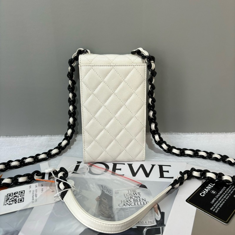 CHANEL/香奈兒 黑白熊貓鏈條手機包白色荔枝皮 鐳射30開-1