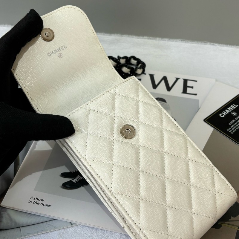 CHANEL/香奈兒 黑白熊貓鏈條手機包白色荔枝皮 鐳射30開-3