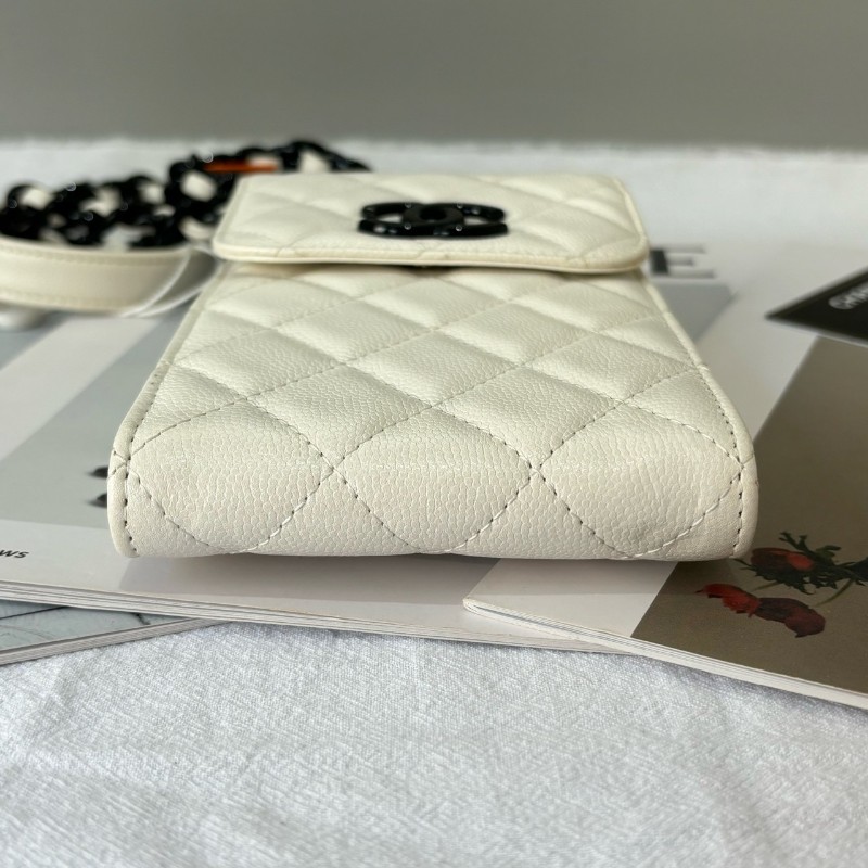 CHANEL/香奈兒 黑白熊貓鏈條手機包白色荔枝皮 鐳射30開-5