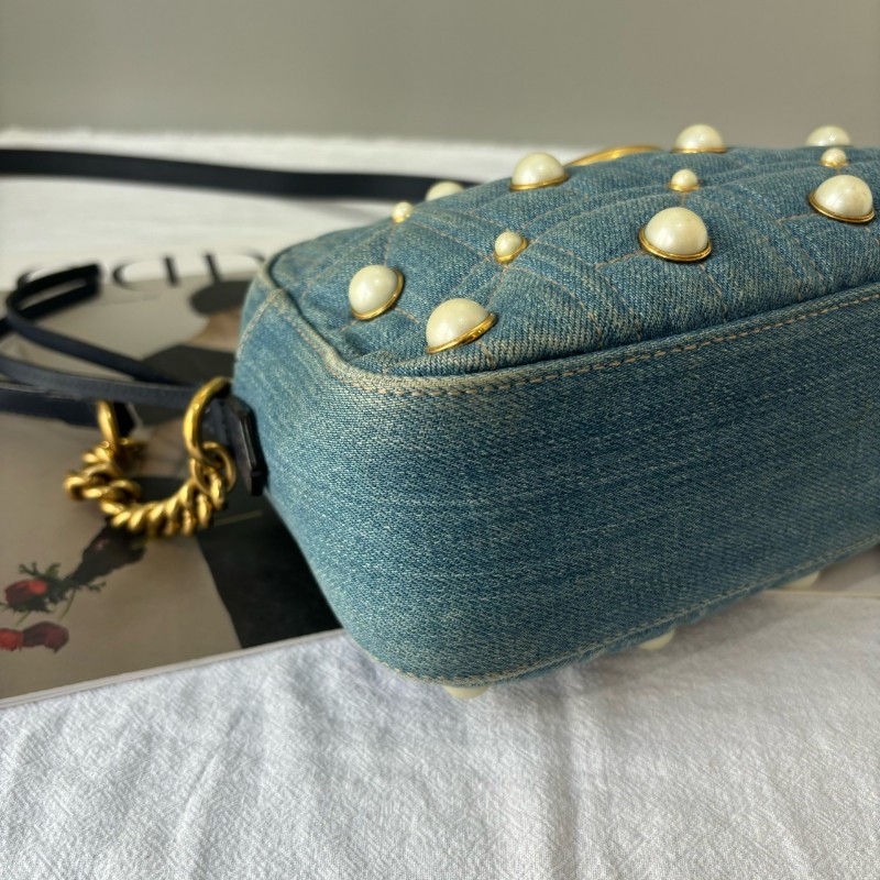 Gucci/古馳 Marmont藍色牛仔珍珠相機包 肩背包斜背包-3