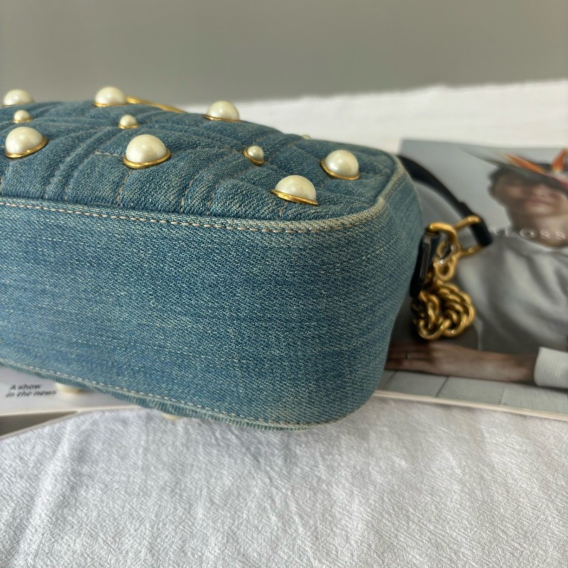 Gucci/古馳 Marmont藍色牛仔珍珠相機包 肩背包斜背包-4