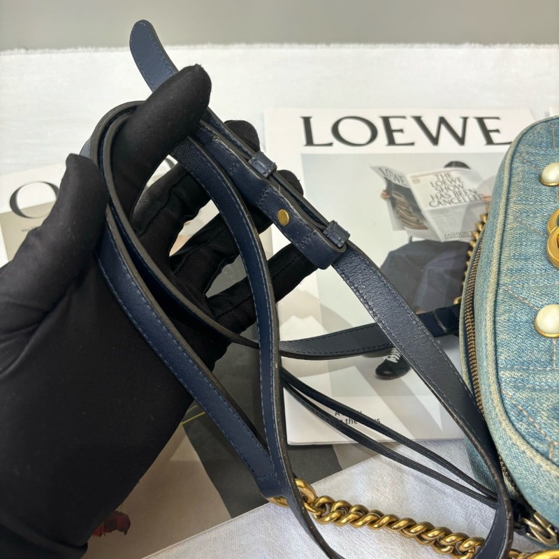 Gucci/古馳 Marmont藍色牛仔珍珠相機包 肩背包斜背包-6