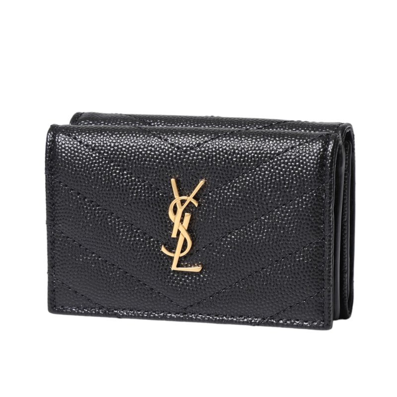 【YSL】SAINT LAURENT Monogram 荔枝皮 皮革 三折開釦 短夾 卡夾 零錢包 黑色 金色 668274-0