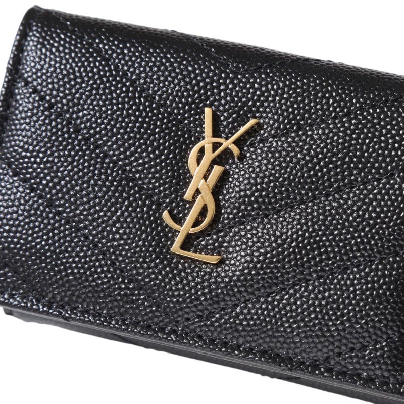 【YSL】SAINT LAURENT Monogram 荔枝皮 皮革 三折開釦 短夾 卡夾 零錢包 黑色 金色 668274-1